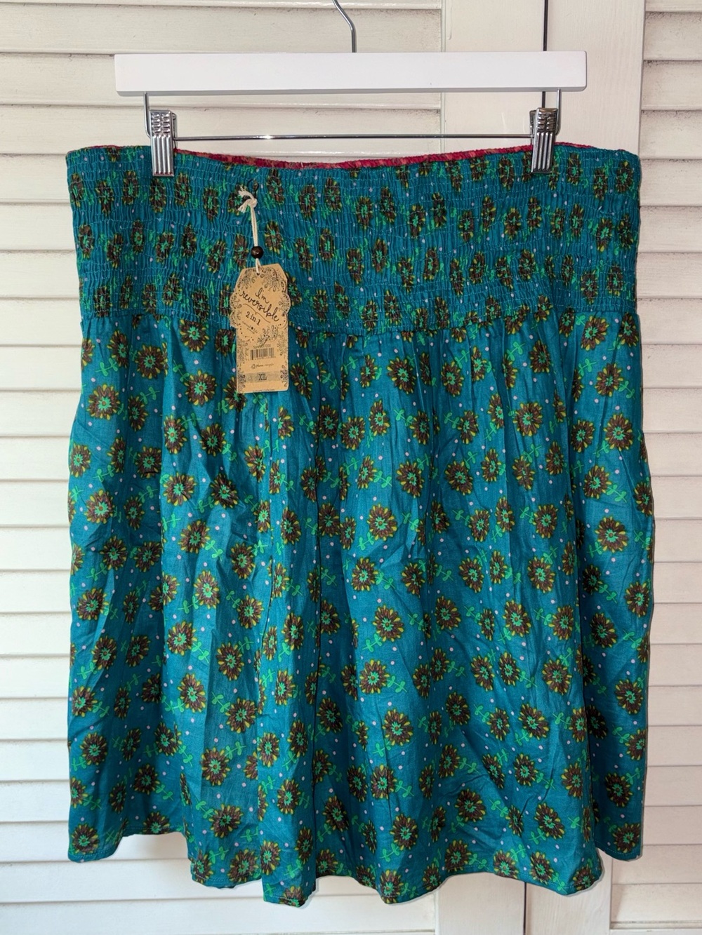 NWT Natural Life Reversible 2-in-1 Skirt XL Floral Boho Pink Teal Smocked Waist - Picture 4 of 7